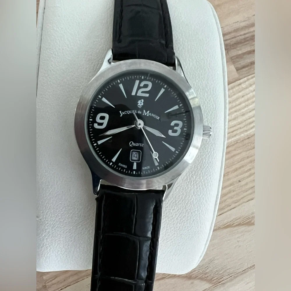 Jacques Du Manoir Ladies Watch Rare Black Leather Strap Date Window Quartz